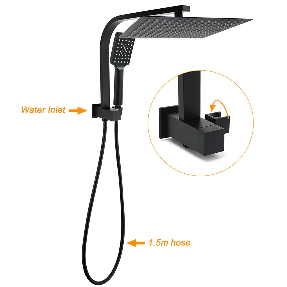 Matt Black Twin Set 12" Large Shower Head 3 Modes Handheld Gooseneck Arm Wall Mixer - Image 2