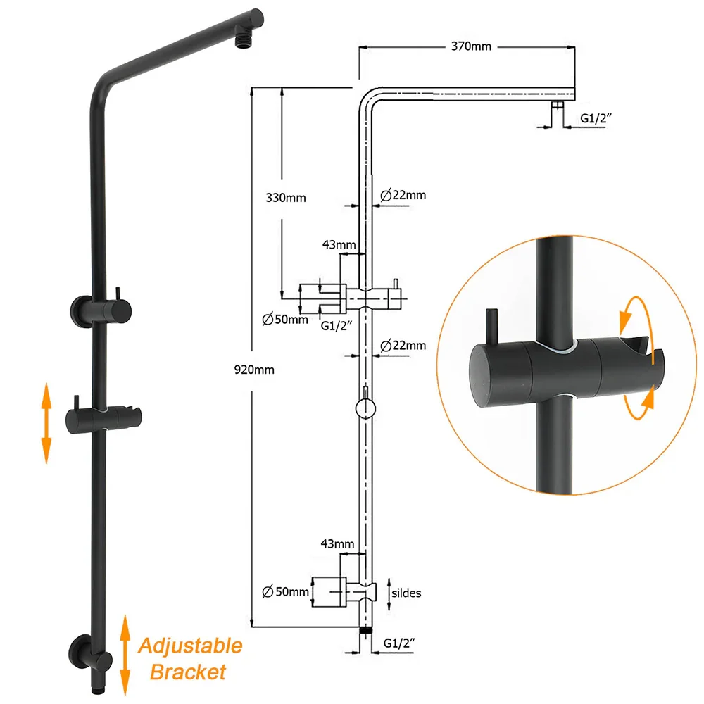 Matt Black Twin Shower Head 3 Modes Handheld 2in1 Wall Rail Arm Round 10 Inch - Image 3