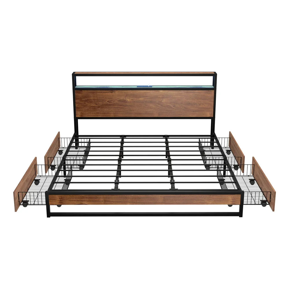 Metal Bed Frame King LED Storage Headboard USB Charging & 4 Drawers - Image 4