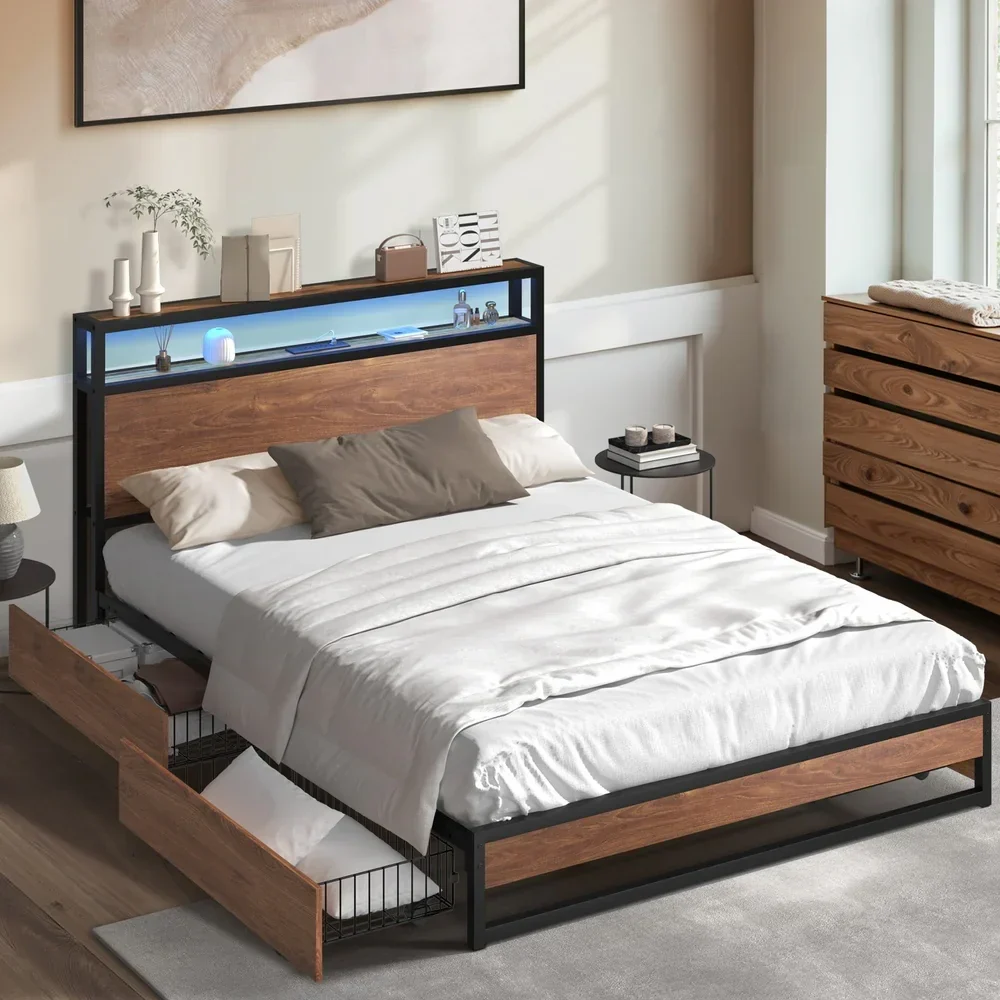 Metal Bed Frame Queen LED Storage Headboard USB Charging & 4 Drawers - Image 5