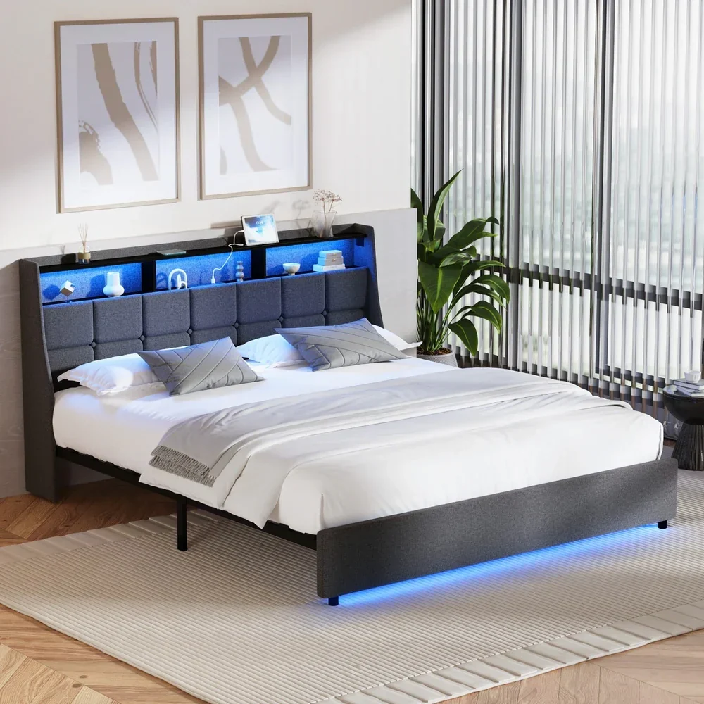 King Size Bed Frame With LED Storage Headboard USB Charging - Image 8