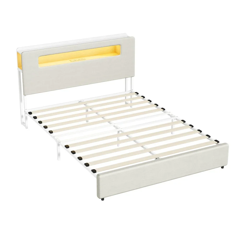 Bed Frame Queen Size with LED Lights USB Charging Headboad