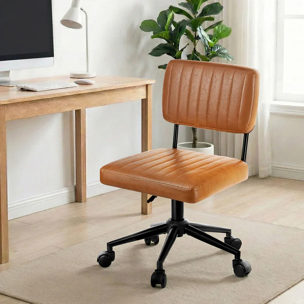Mid Back Office Chair Swivel Computer Seat Leather Brown - Image 2
