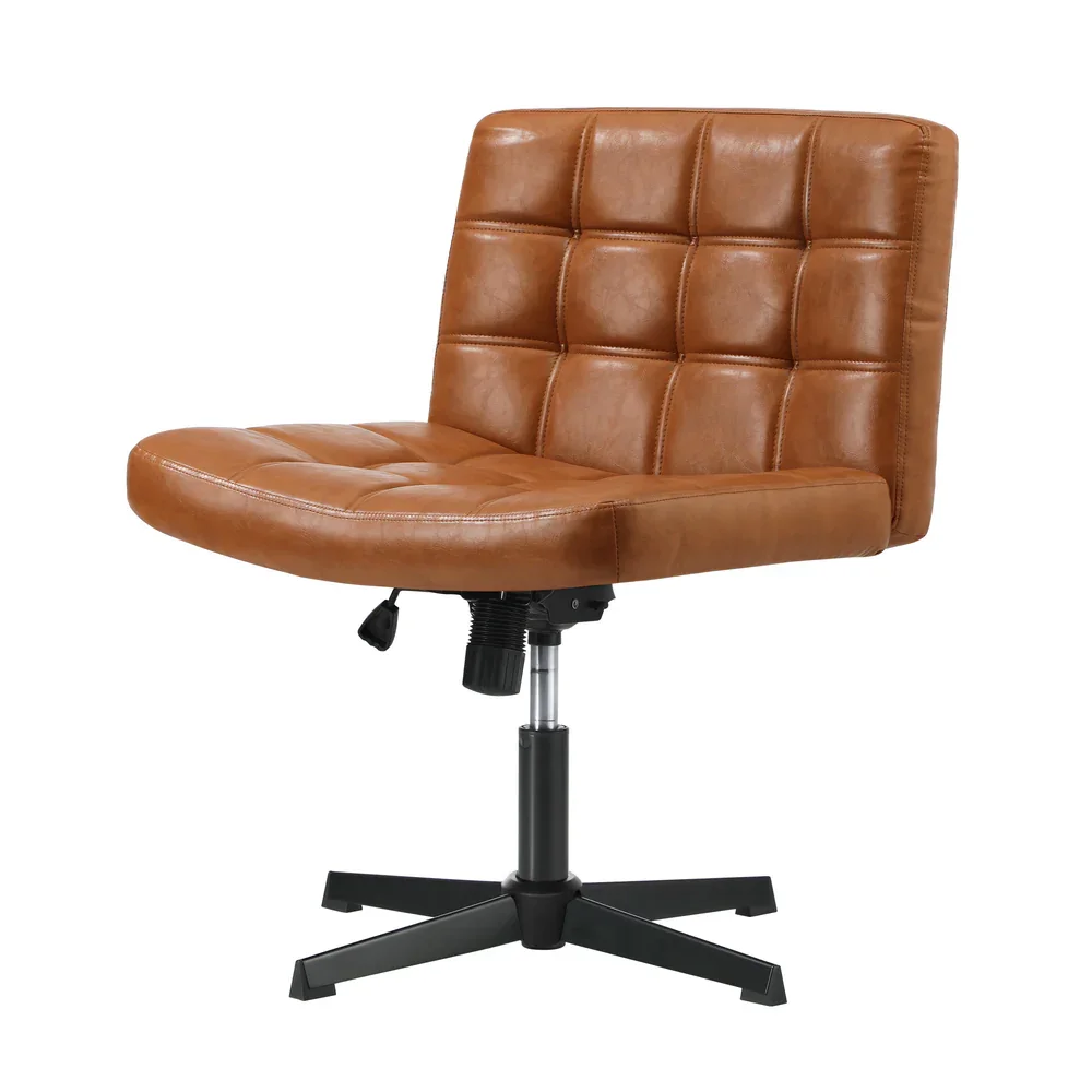 Mid Back Office Chair Wide Seat Leather Brown No Wheels - Image 3