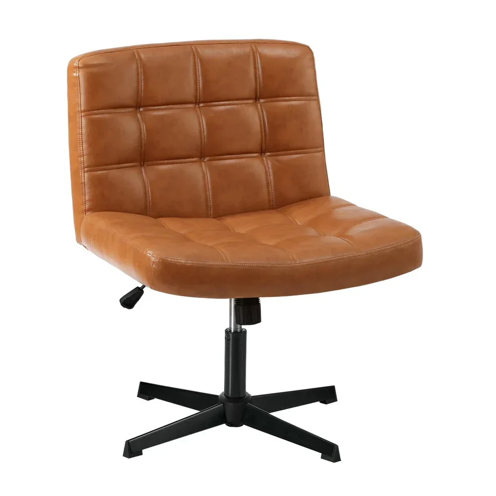 Mid Back Office Chair Wide Seat Leather Brown No Wheels - Image 4