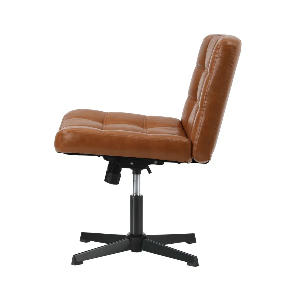Mid Back Office Chair Wide Seat Leather Brown No Wheels - Image 5