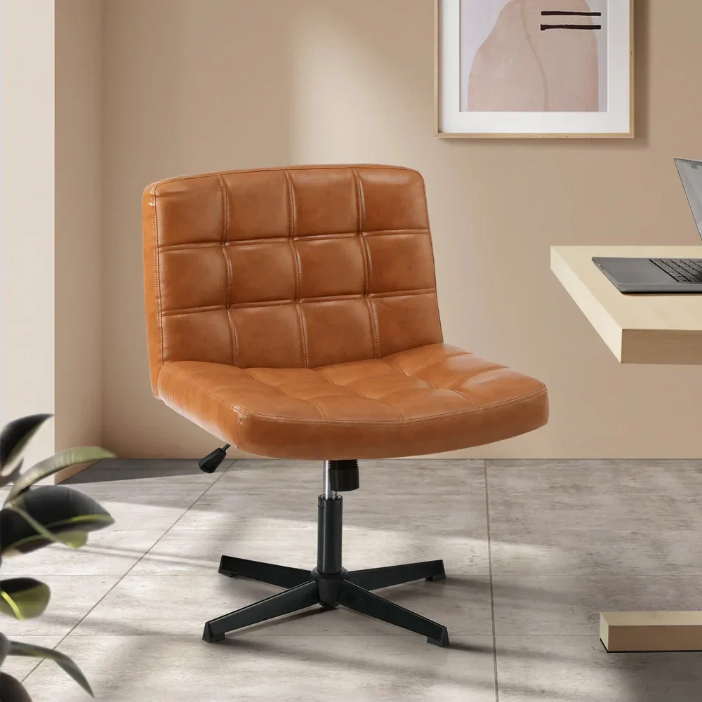 Mid Back Office Chair Wide Seat Leather Brown No Wheels - Image 6