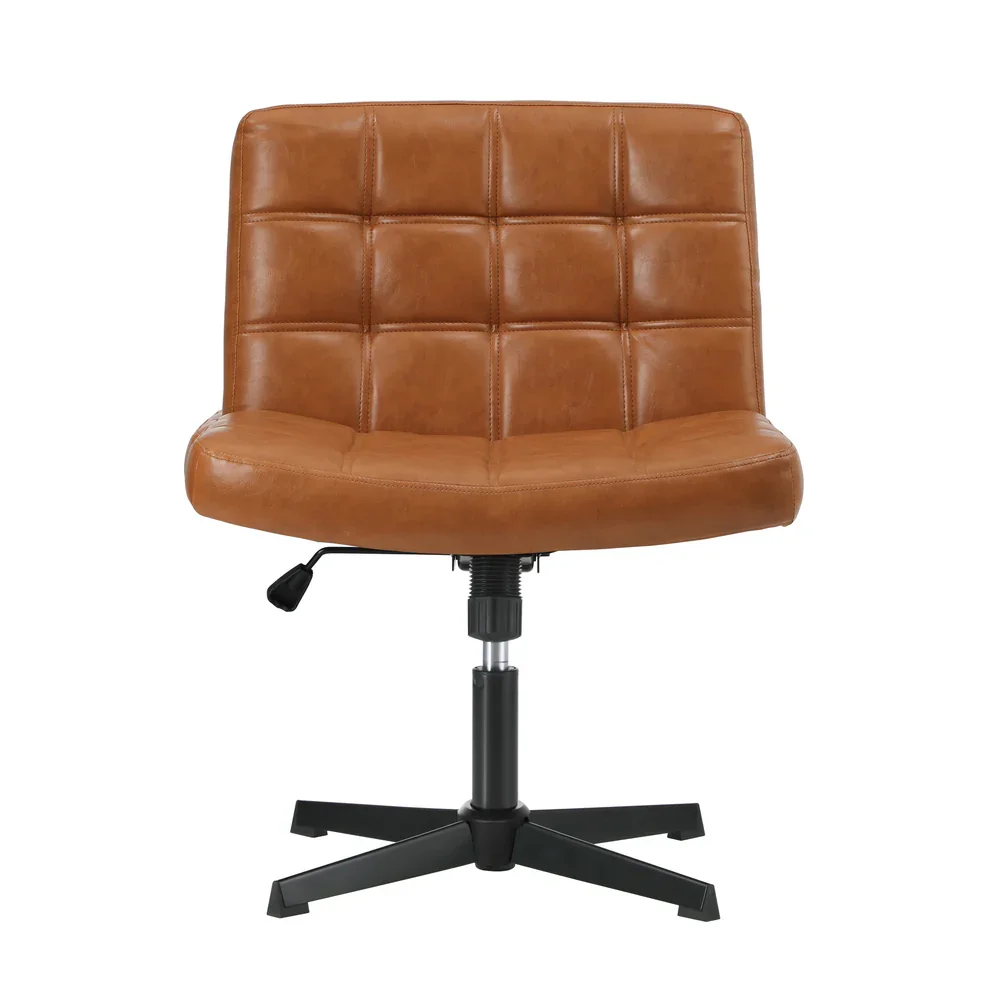Mid Back Office Chair Wide Seat Leather Brown No Wheels - Image 7