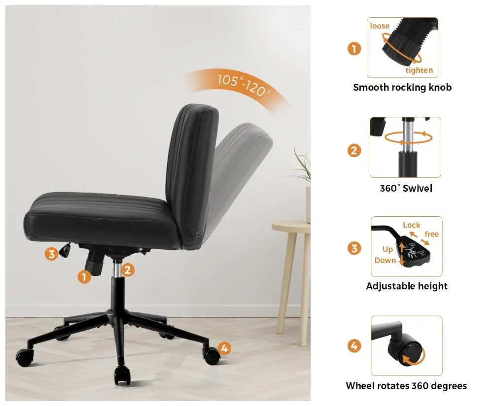 Mid Back Office Chair Wide Seat with Wheels Leather Black - Image 3