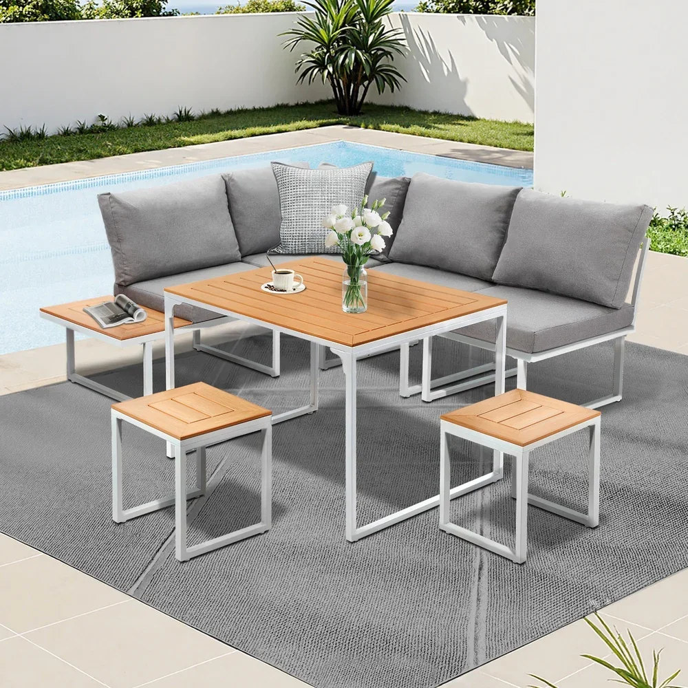 6 Seater Outdoor Dining Sofa Set Lounge Furniture White - Image 6