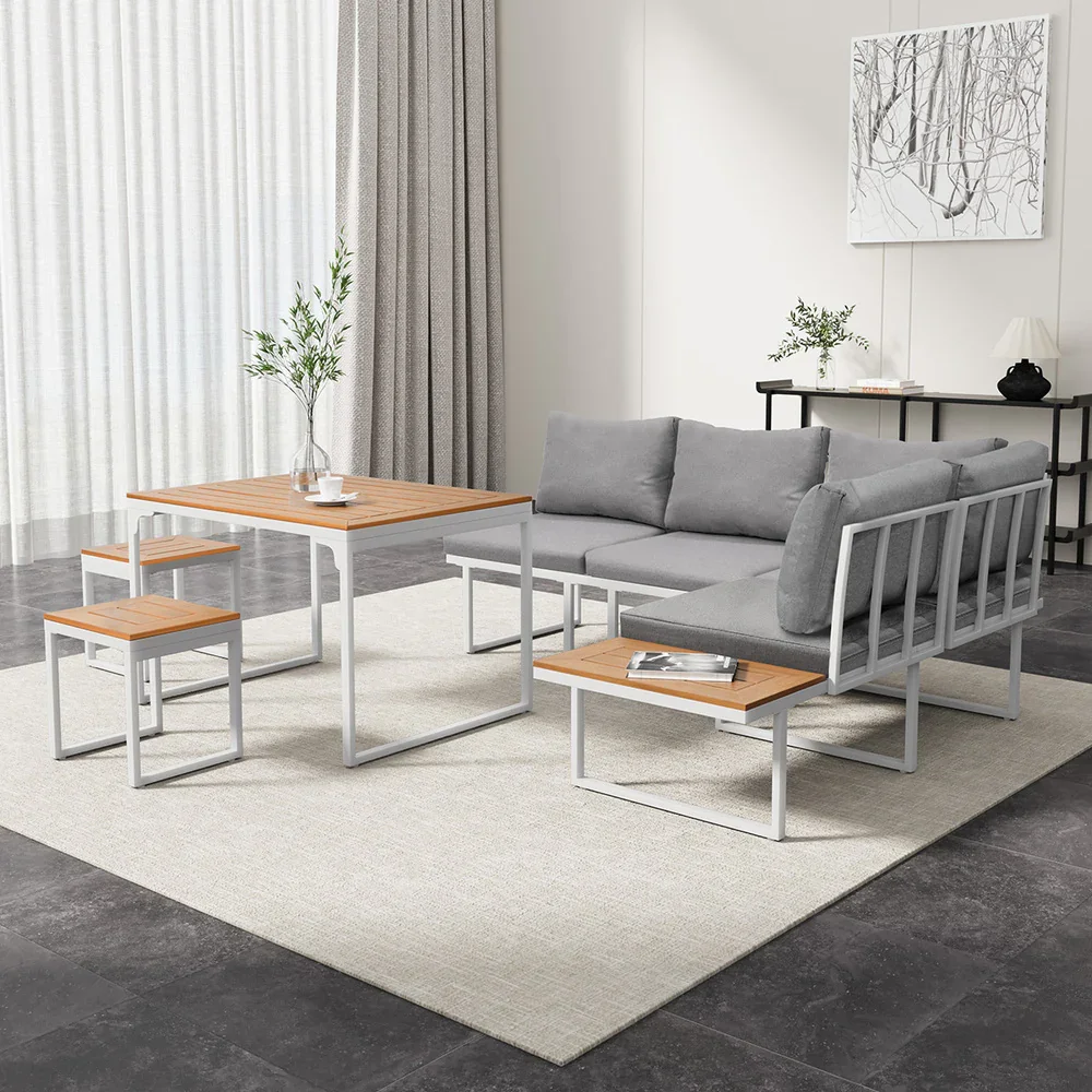 6 Seater Outdoor Dining Sofa Set Lounge Furniture White - Image 9