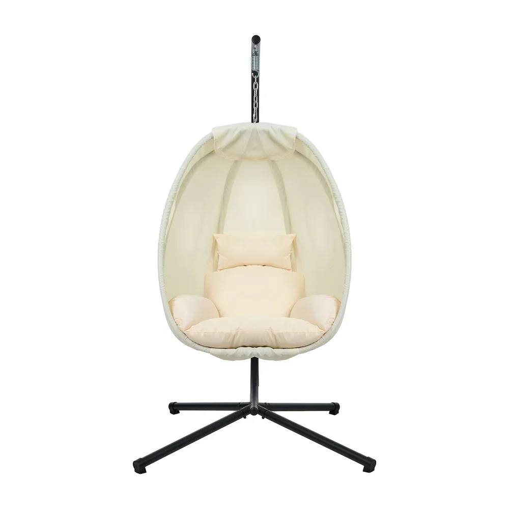 Outdoor Egg Hanging Chair Swing Seat with Stand Cushions Beige - Image 4