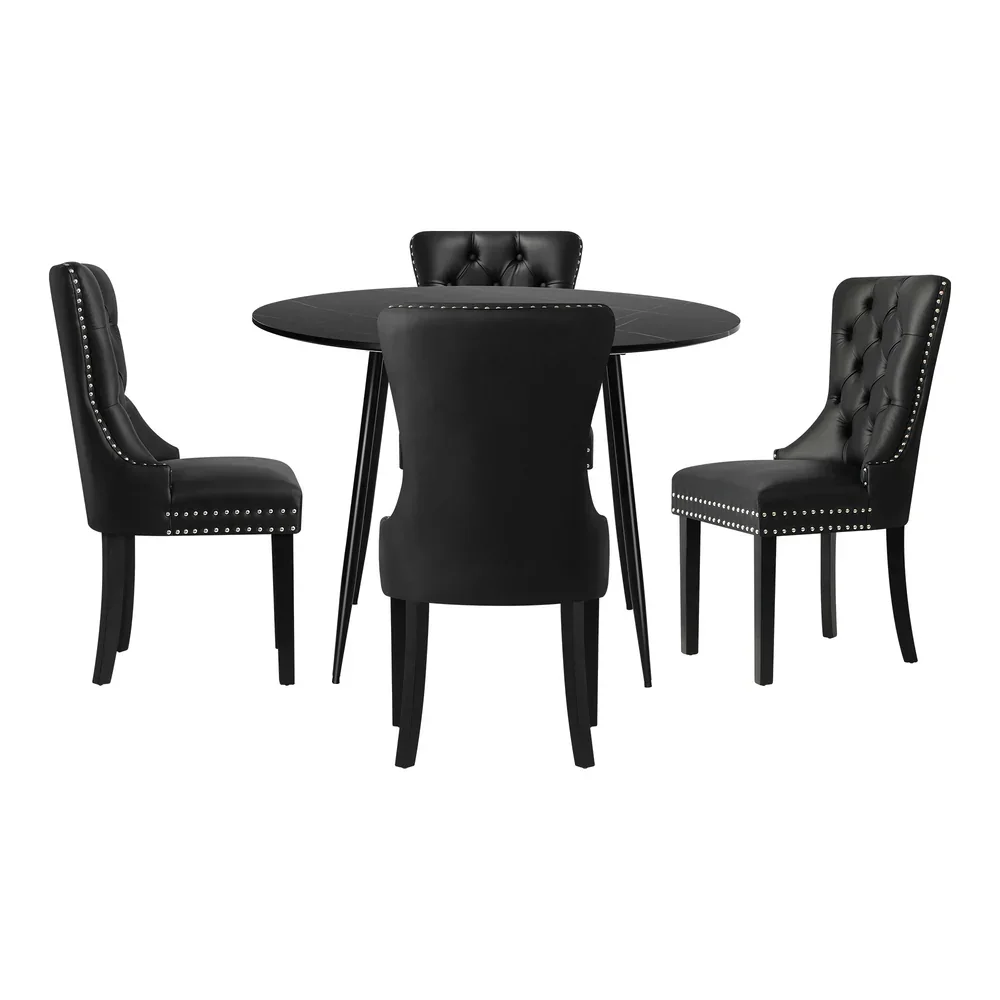 110cm Round Dining Table with 4PCS Chairs Velvet Black - Image 2