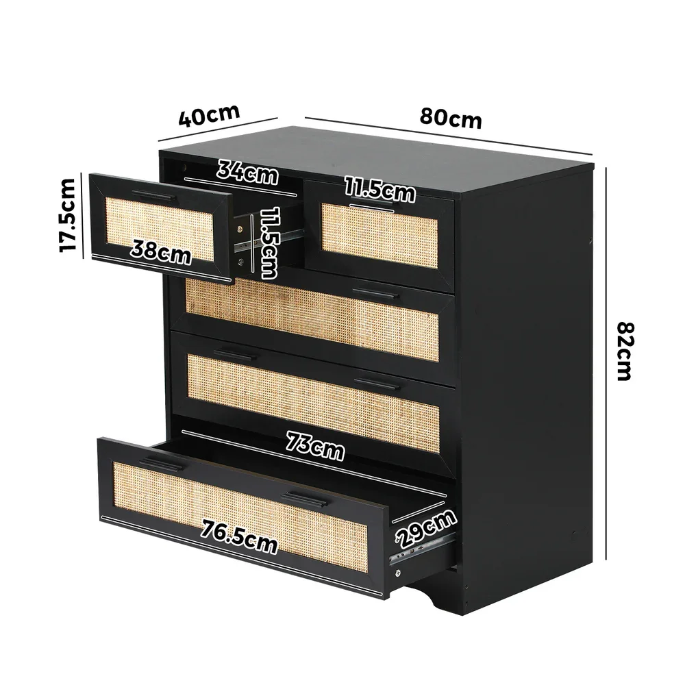 5 Chest of Drawers Dresser Rattan Black - Image 3