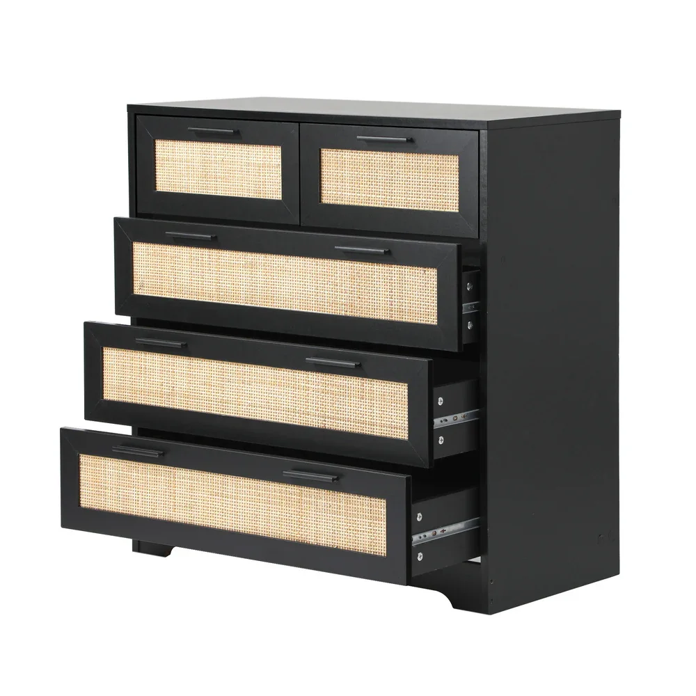 5 Chest of Drawers Dresser Rattan Black - Image 6