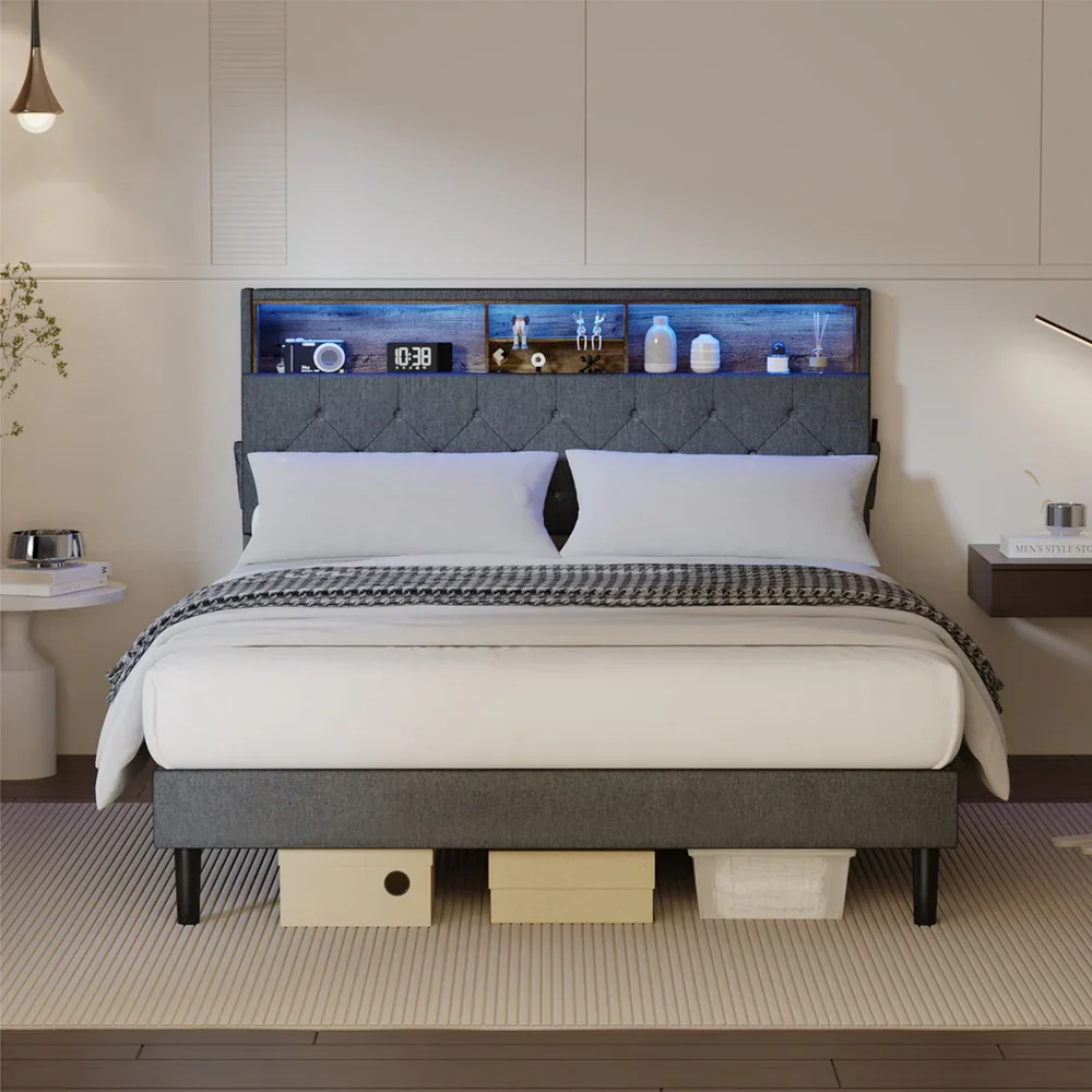 Bed Frame with LED Storage Bedhead Queen Size NOVI - Image 7