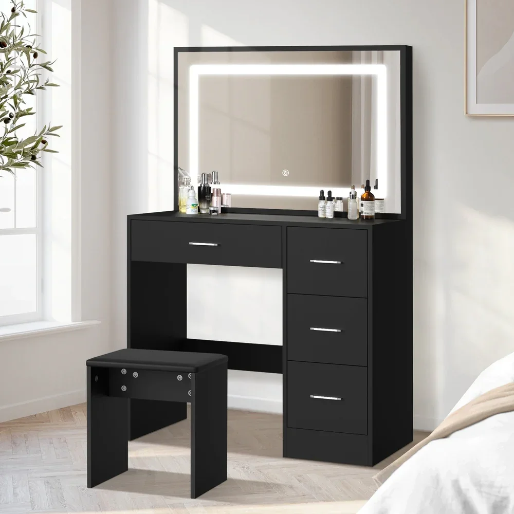 Dressing Table Stool Set Large Mirror LED Light Black - Image 3