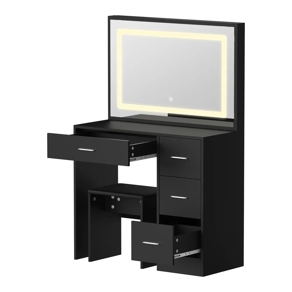 Dressing Table Stool Set Large Mirror LED Light Black - Image 4