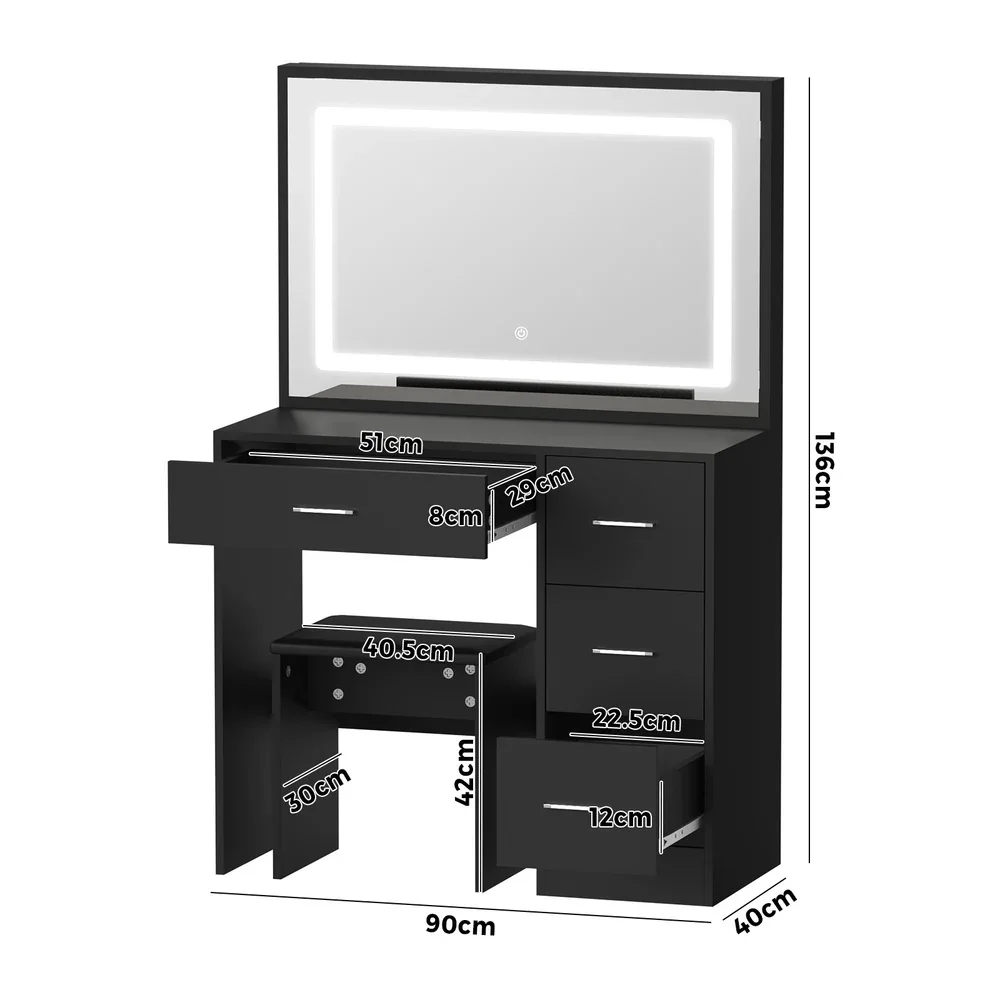 Dressing Table Stool Set Large Mirror LED Light Black - Image 7