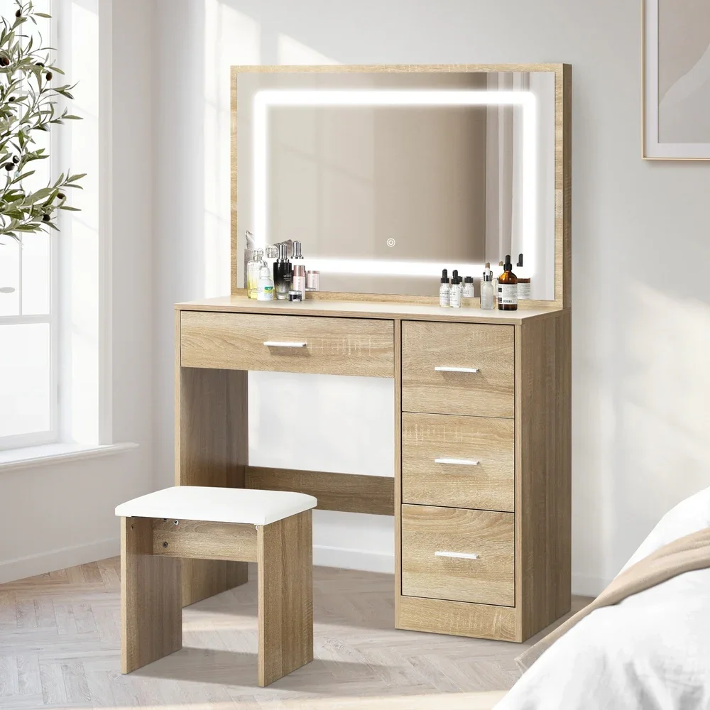 Dressing Table Stool Set Large Mirror LED Light Natural - Image 3