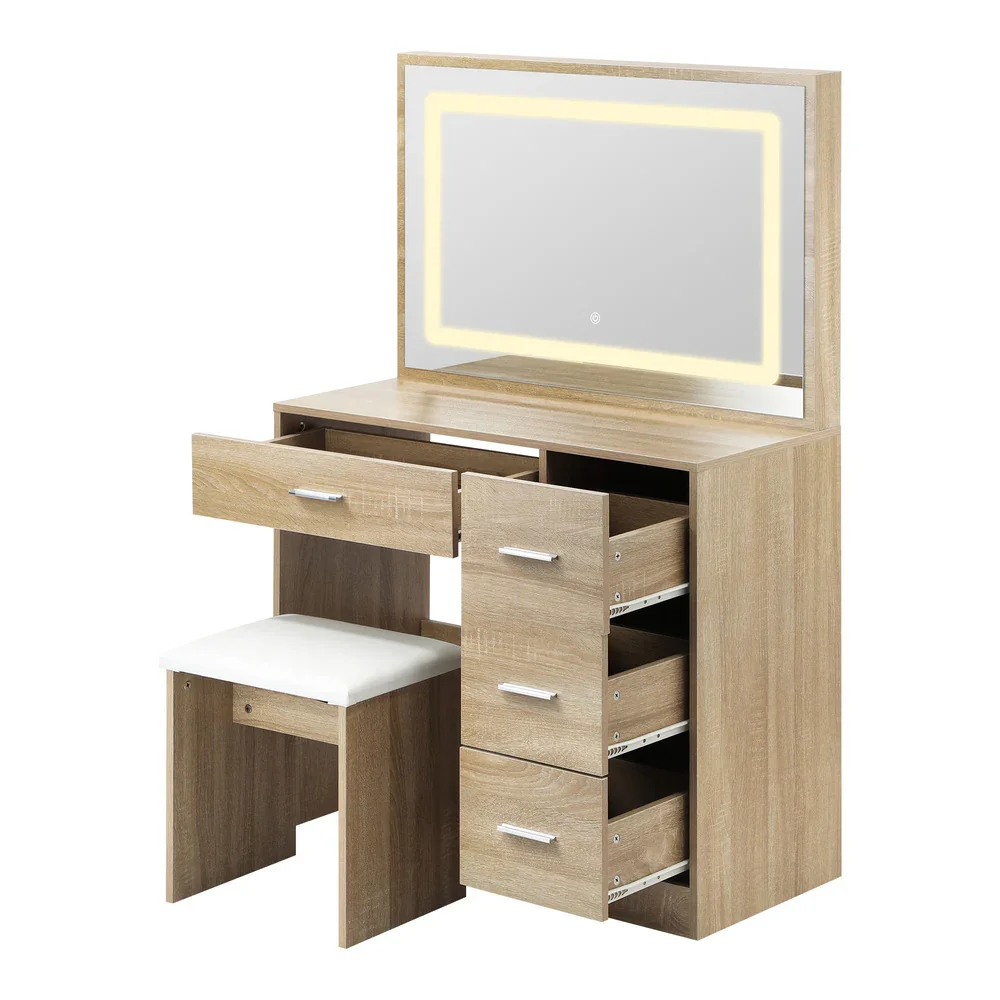 Dressing Table Stool Set Large Mirror LED Light Natural - Image 4