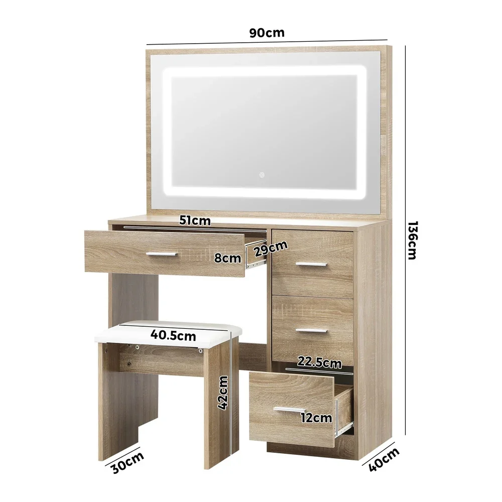 Dressing Table Stool Set Large Mirror LED Light Natural - Image 8
