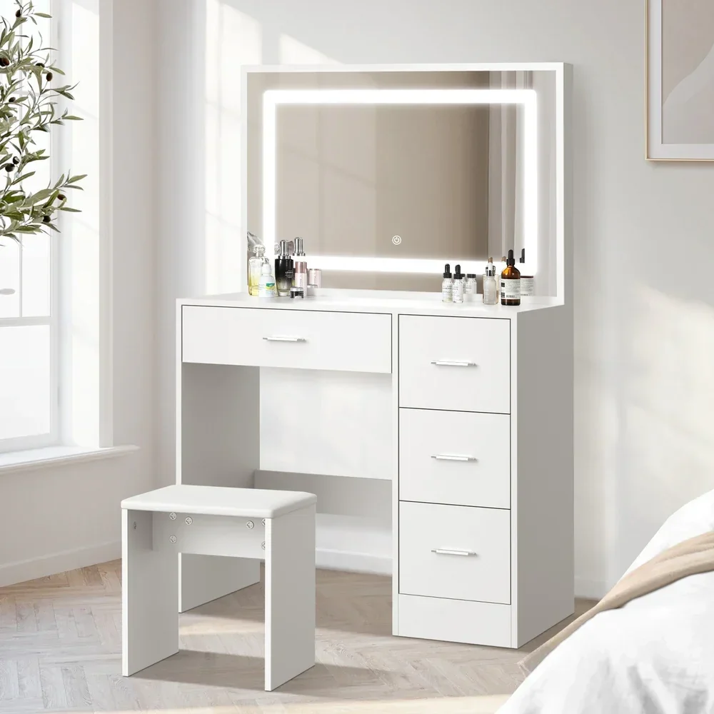 Dressing Table Stool Set Large Mirror LED Light White - Image 3