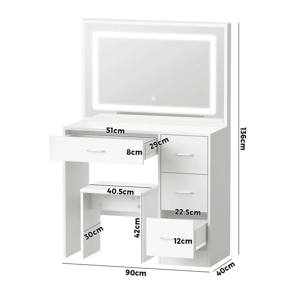 Dressing Table Stool Set Large Mirror LED Light White - Image 4