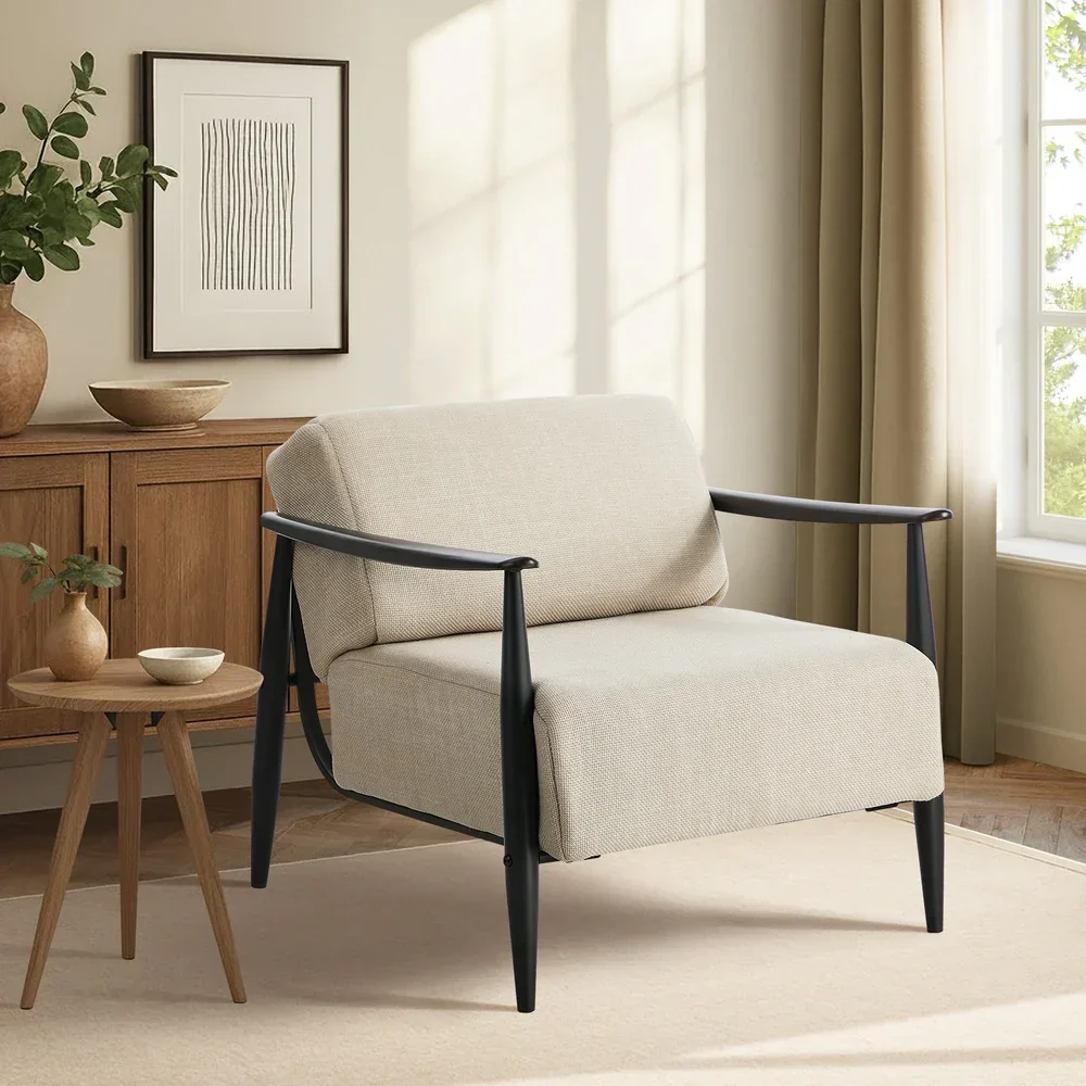 Wooden Armchair Lounge Sofa Fabric Accent Armchairs Beige - Image 3