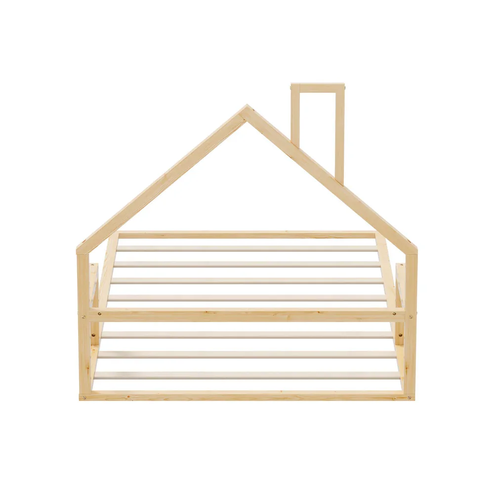 Wooden Kids Bed Frame Floor Beds Chimney King Single Natural - Image 2