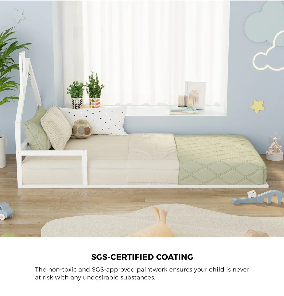 Wooden Kids Bed Frame Floor Beds Chimney King Single White - Image 5