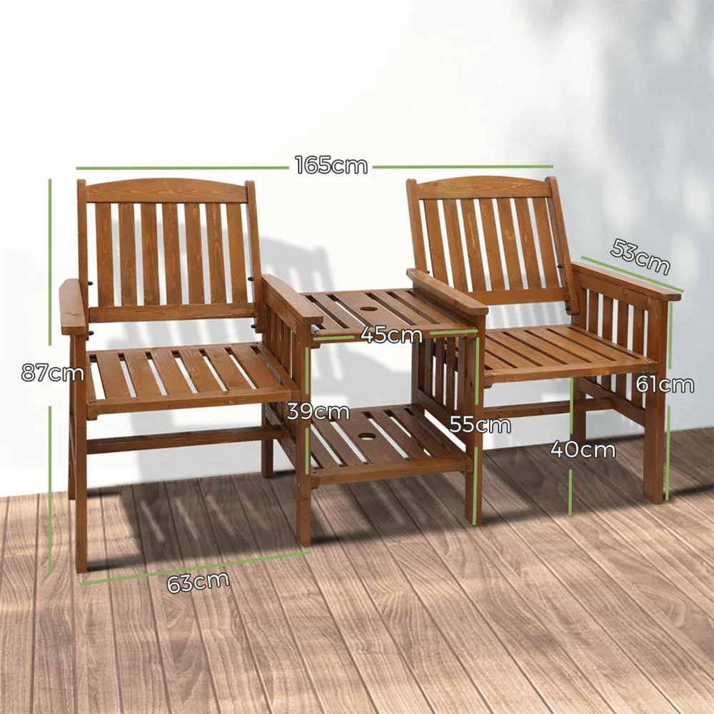 Wooden Garden Bench Chair&Table Loveseat Brown - Image 2