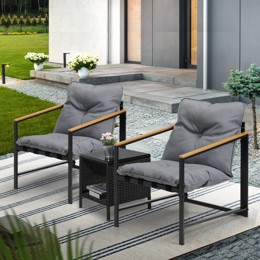 3 Piece Outdoor Patio Set Metal Chairs Rattan Table - Image 5