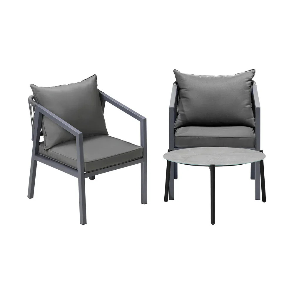3PCS Outdoor Patio Set 70cm Coffee Table Grey Chairs - Image 2