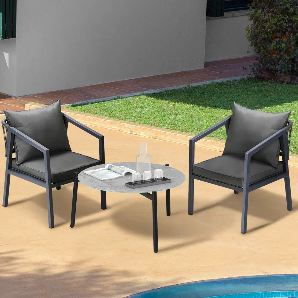 3PCS Outdoor Patio Set 70cm Coffee Table Grey Chairs - Image 6