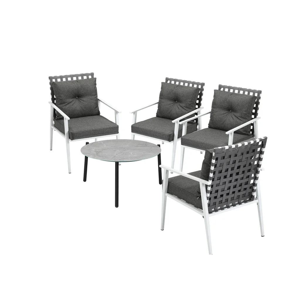 5pc Outdoor Lounge Sets 70CM Grey Round Table Rattan Chairs - Image 7