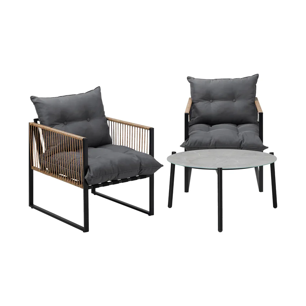 3PCS Outdoor Patio Set Grey 70cm Coffee Table Rattan Chairs - Image 5