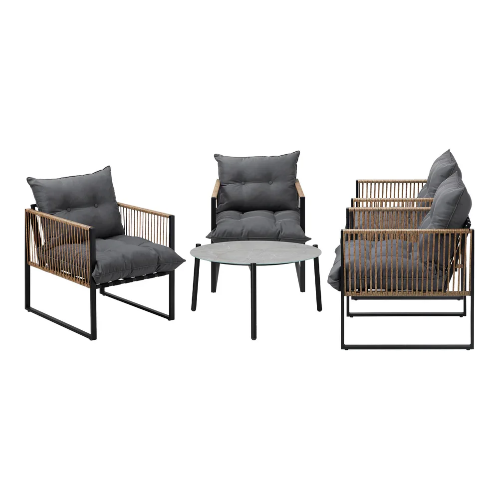 5PCS Outdoor Patio Set 70cm Grey Coffee Table Rattan Chairs - Image 5