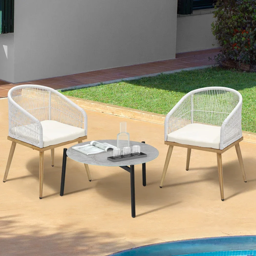 3 Piece Outdoor Patio Set 70cm Table Polyester Chair Rope - Image 4