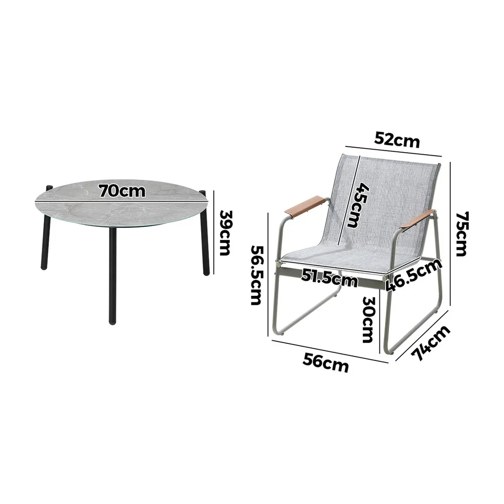 3PCS Outdoor Bistro Set Patio Chair 70cm Grey Table Textilene - Image 5