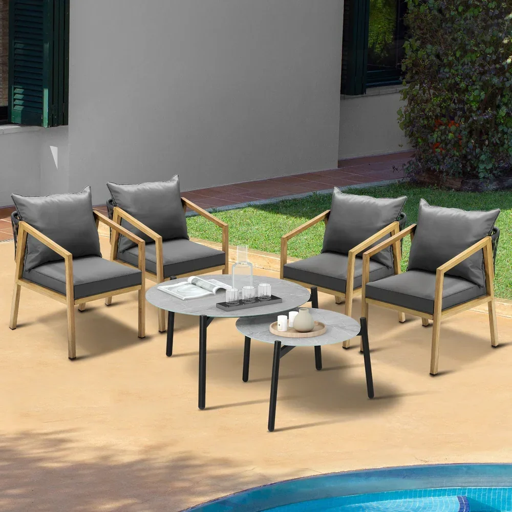 6PCS Outdoor Patio Set Grey 70cm Coffee Table Set Natural Chairs - Image 2