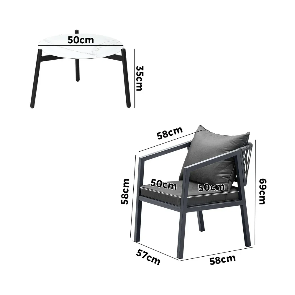 3PCS Outdoor Patio Set White 50cm Coffee Table Grey Chairs - Image 7