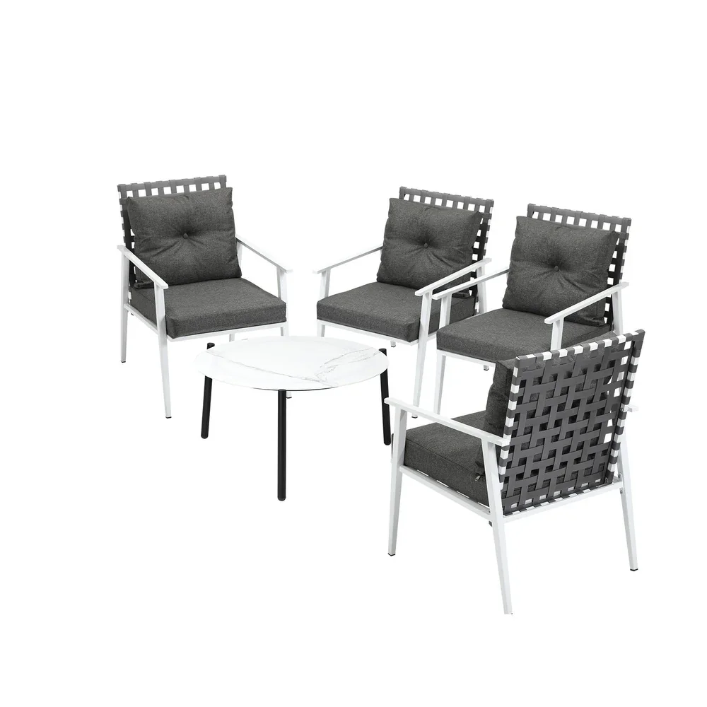 5PC Outdoor Lounge Sets 70CM White Round Table Rattan Chairs - Image 3