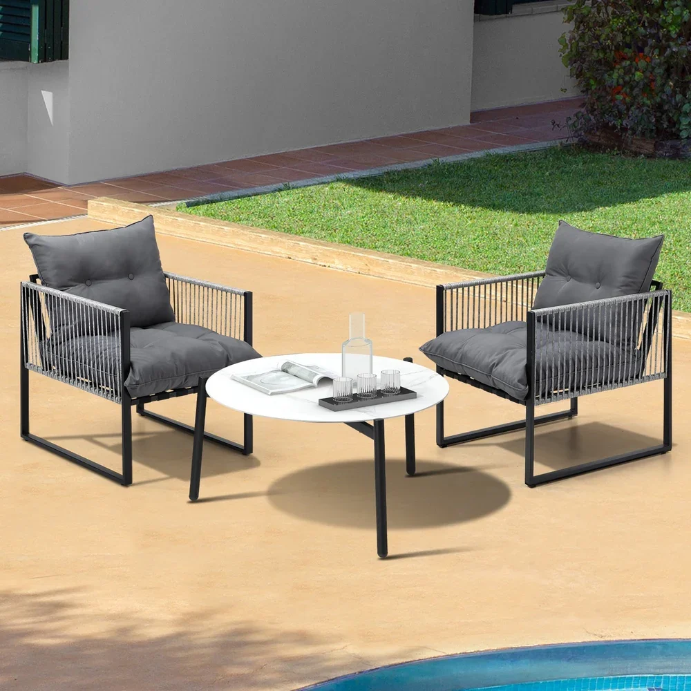 3PCS Outdoor Patio Set White 70cm Table Cushioned Armchairs - Image 8