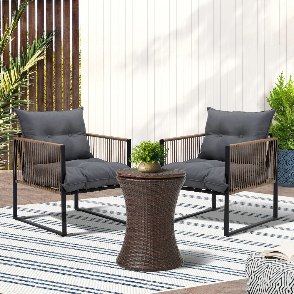 Outdoor Patio Set Ice Bucket Brown Table Rattan Bistro Set 3pcs - Image 3