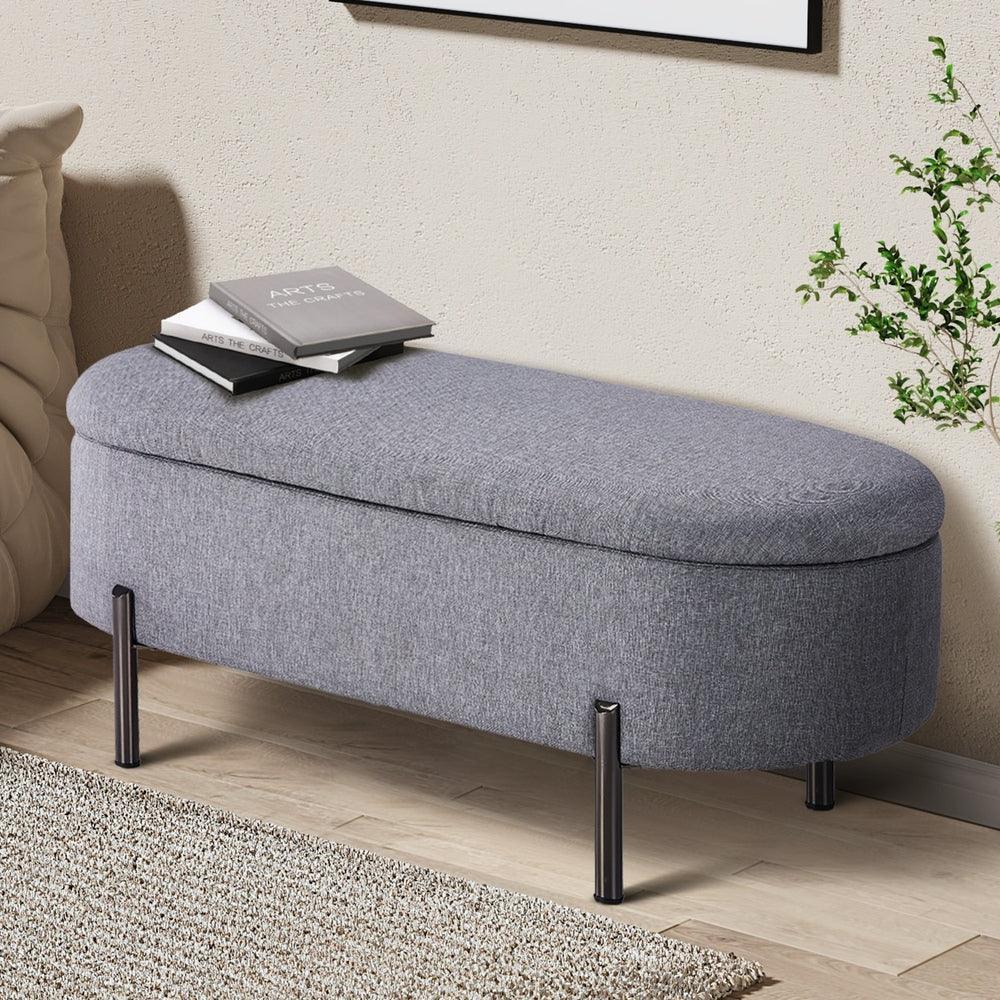 Storage Ottoman Bench Oval Blanket Linen Grey