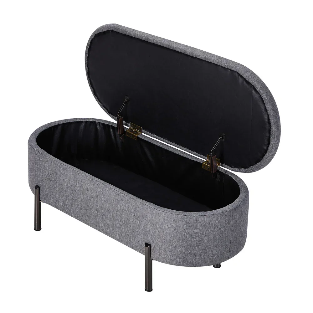 Storage Ottoman Bench Oval Blanket Linen Grey - Image 2