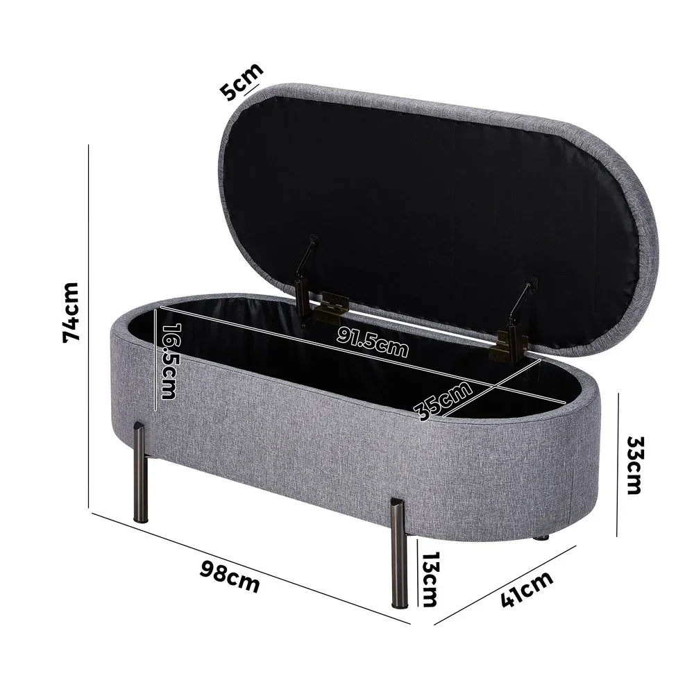 Storage Ottoman Bench Oval Blanket Linen Grey - Image 5