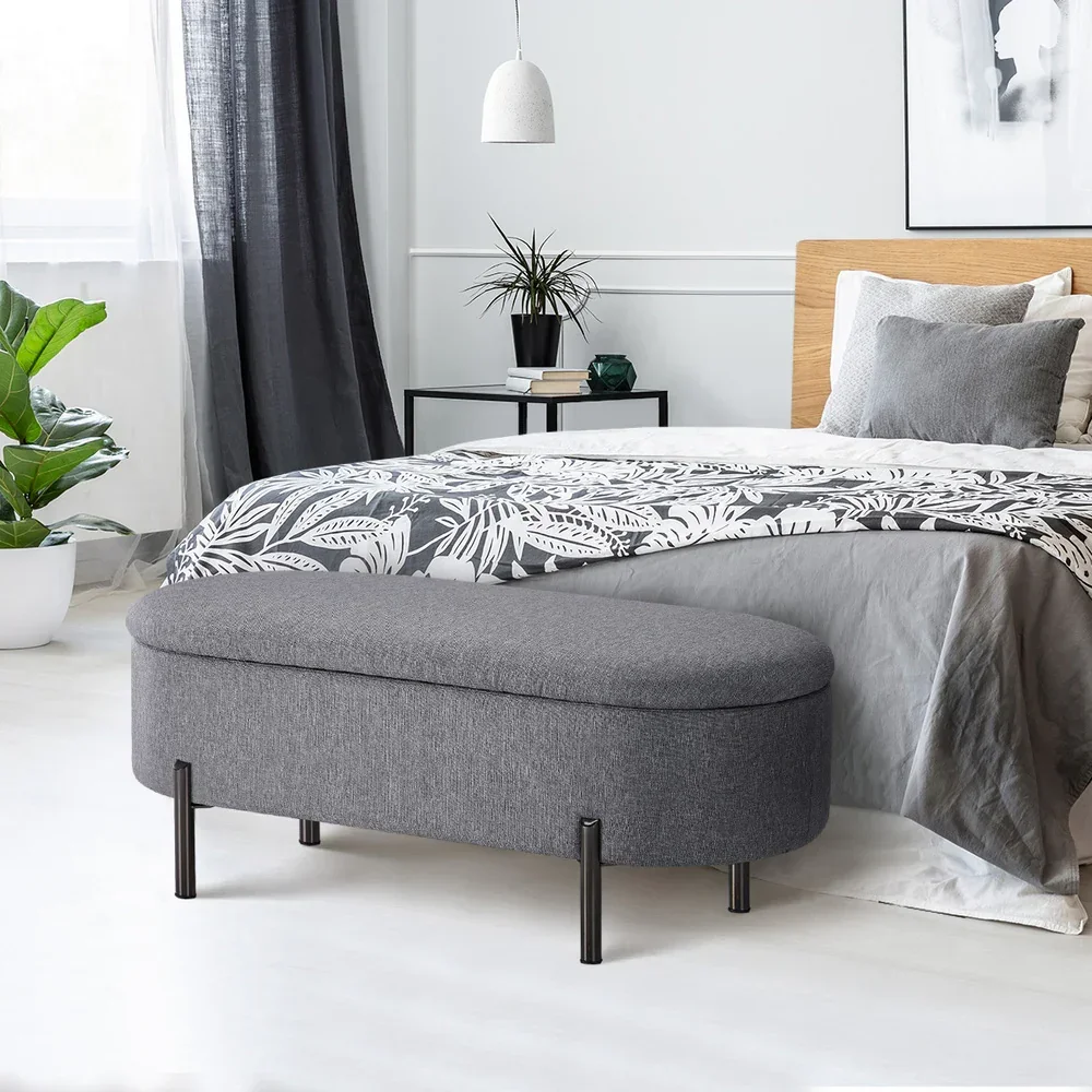 Storage Ottoman Bench Oval Blanket Linen Grey - Image 7
