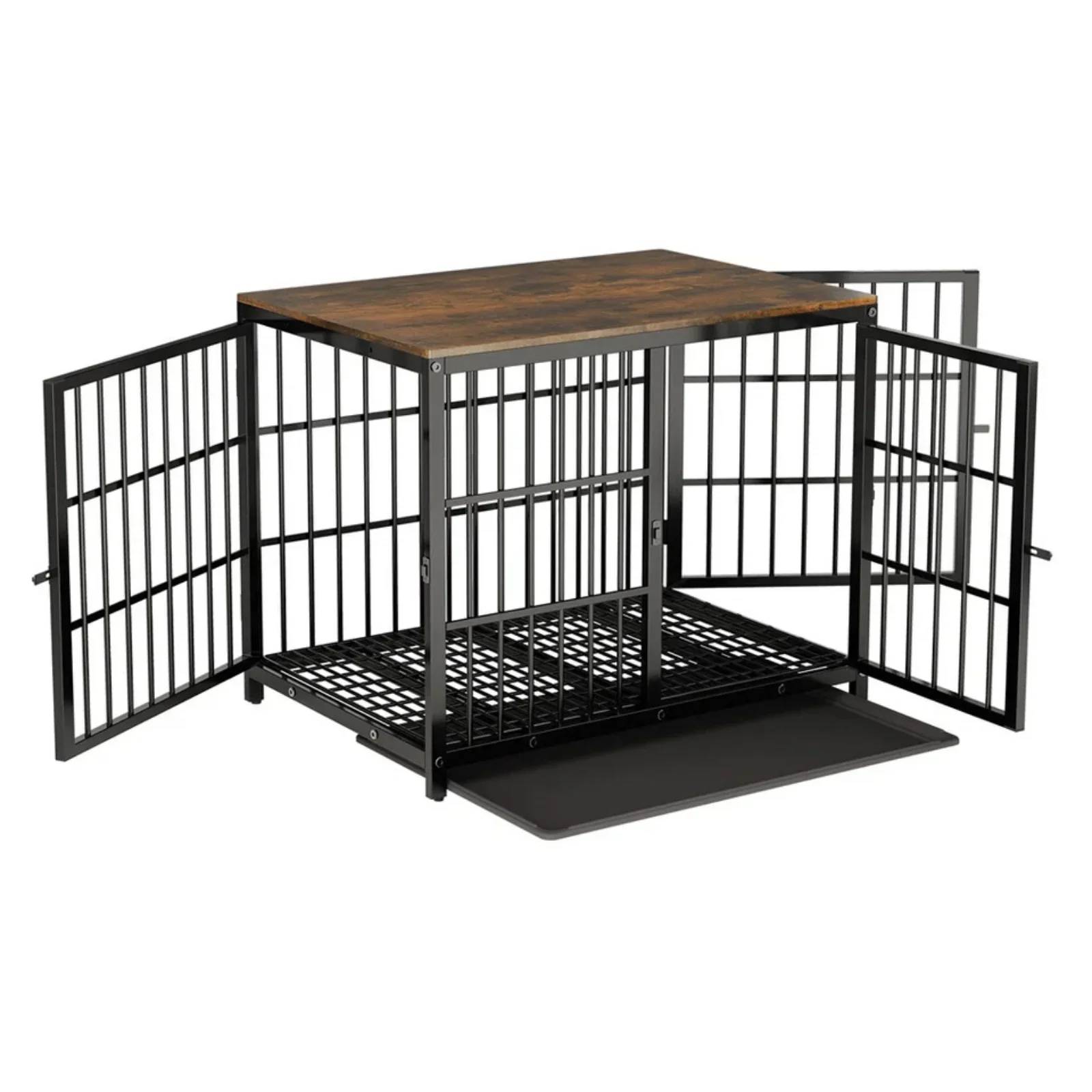 Black Walnut XL Dog Crate with Wooden Furniture Style, 3-Door Entry and Slide Out Tray